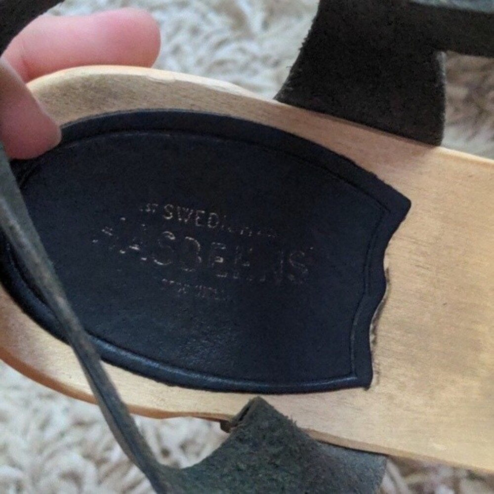 Swedish Hasbeens Black Leather Peep-Toe Slingback Cork Sandals - Picture 3 of 14